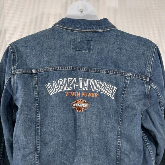 HARLEY DAVIDSON! BACK BIG EMBROIDERED LOGO CLASSIC BLUE DENIM JEAN JACKET! SZ 1X - Picture 3 of 10